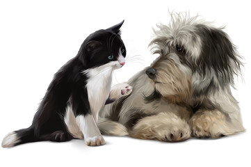 Cat and dog are talking. Watercolor painting