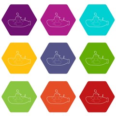 Submarine icons 9 set coloful isolated on white for web