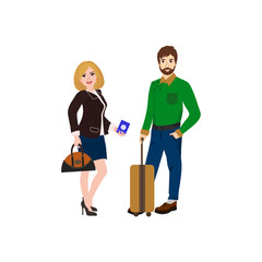 Naklejka na ściany i meble Man with suitcase and cute woman with bag isolated on white background. Vector illustration.