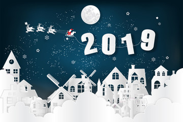 Fototapeta na wymiar Paper art , cut and digital craft style of Santa Claus on Sleigh and Reindeer over snow city clouds and merry christmas in winter background as holiday and x'mas day concept. vector illustration.