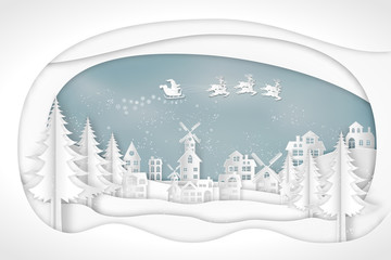 Paper art , cut and craft style of Santa Claus on Sleigh and Reindeer in snow village and deers in winter background as Merry Christmas or x'mas and Happy New Year concept. vector illustration.