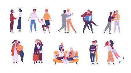 Collection of LGBT or queer couples and families with children. Bundle of male, female and transgender romantic partners isolated on white background. Vector illustration in flat cartoon style. - obrazy, fototapety, plakaty