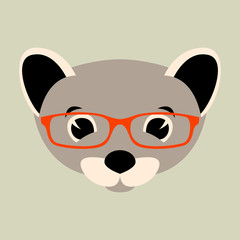 weasel face in glasses, vector illustration front view 