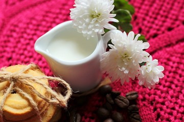 Coffee beans with milk, pile of delicious chip cookies tied with twine and white flowers on a red knitted background. Good morning concept. Enjoy slow life