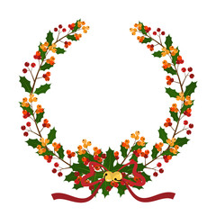 Christmas wreath decorated with holly branch and ribbon.