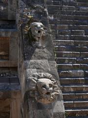 Closeup architectural view of the Temple of the Feathered Serpent, Teotihuacan, Mexico City