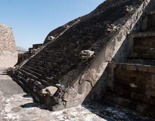 Closeup architectural view of the Temple of the Feathered Serpent, Teotihuacan, Mexico City