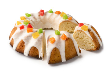 Delicious Christmas cake on white background