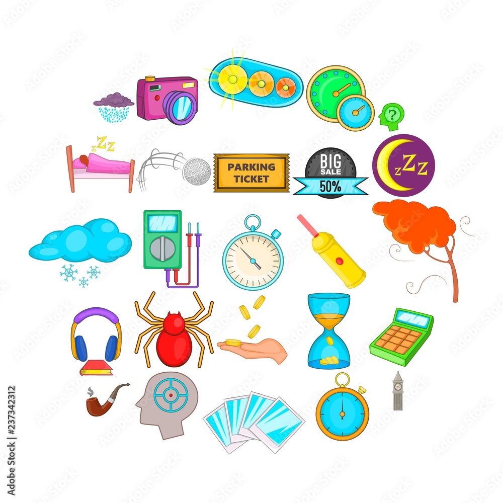 Poster detect time icons set. cartoon set of 25 detect time vector icons for web isolated on white backgrou