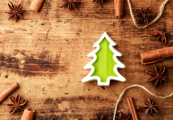 Christmas cooking tree shape with anise star and cinnamon sticks