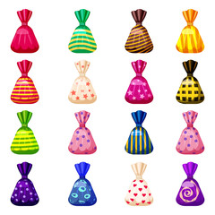 A set of colored sweets in a bright festive package of various bright colors. Sweets, vector, isolated, cartoon style