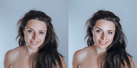 Strong yet natural young female studio portrait retouching sample nicely colored
