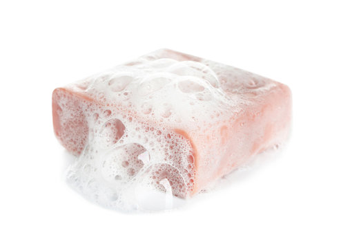 Handmade Soap Bar With Foam On White Background