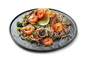 Plate with tasty chinese noodles on white background