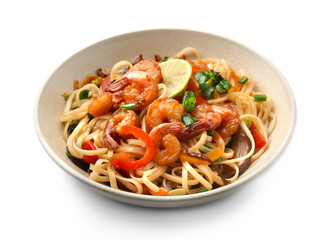 Plate with tasty chinese noodles on white background