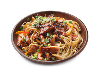 Plate with tasty chinese noodles on white background