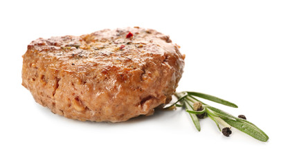 Burger patty with rosemary on white background