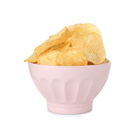 Bowl with tasty crispy potato chips on white background