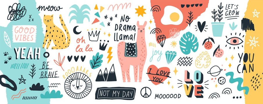 Collection of handwritten slogans or phrases and decorative design elements hand drawn in trendy doodle style - animals, plants, symbols. Colorful vector illustration for T-shirt or sweatshirt print.