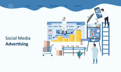 Social Media advertising. Mockup landing page website design. Modern trend flat design concept of web page design for website and mobile website. Teamwork business. Vector illustrations.