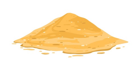 Heap of sand isolated on white background. Sandy dune in desert or at beach, construction or manufacturing material. Decorative design element. Colorful vector illustration in flat cartoon style. - obrazy, fototapety, plakaty