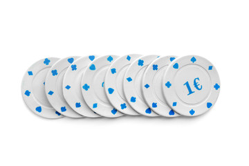 Chips for poker game on white background