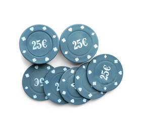 Chips for poker game on white background