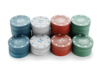 Chips for poker game on white background