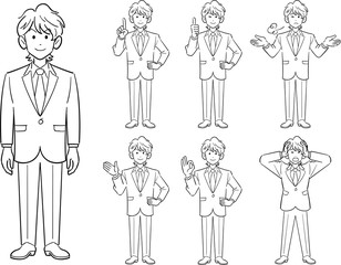 若手ビジネスマンのポーズ　7種類のセット1　線画
