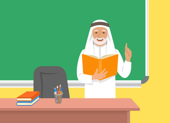 Arab teacher senior man in traditional dress standing with open book at the blackboard in classroom. School class interior. Traditional education concept. Vector cartoon illustration.