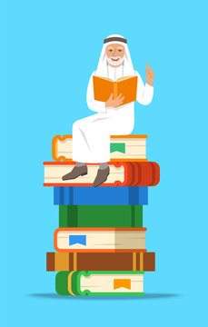 Senior arab man teacher reads open book sitting on stack of giant books. School education concept. Vector cartoon illustration. Experienced person shares knowledge.