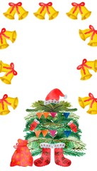 Christmas green tree with gifts and decorations. Watercolor greeting card for Christmas and New year.