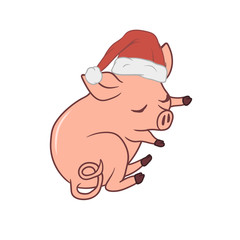 Sleeping piglet, wearing a Santas hat, New Year 2019