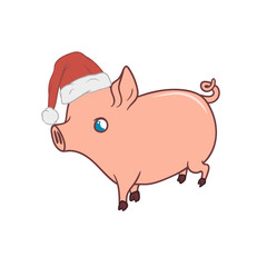 Cute piglet with a Santas hat on, walking