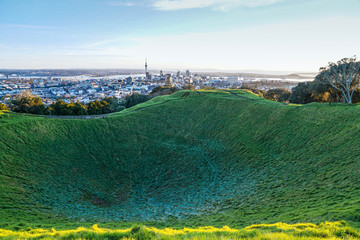 Auckland city skyline beyond frosty crater of Mount Eden.