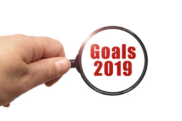 Magnifying glass in hand and a Goals 2019 text on the white background