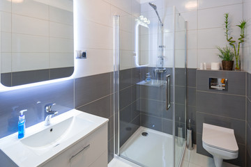 New bathroom interior with illuminated mirror