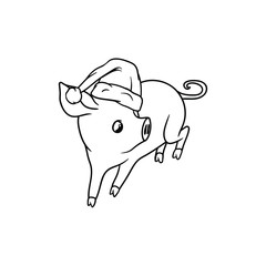 Outline of the running pig with a Santa hat on his head
