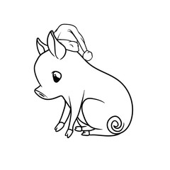 Cute piglet with a curly tail, sitting, outline