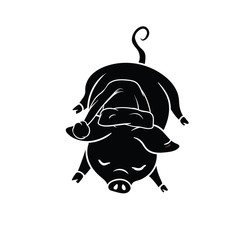 Black with white outline, sleeping pig with a hat