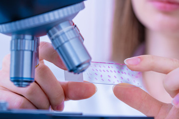 Young woman technician is examining a histological sample, a biopsy in the laboratory of cancer research - obrazy, fototapety, plakaty