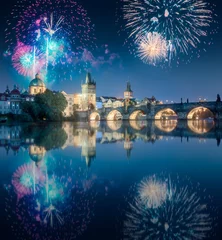 Deurstickers Beautiful fireworks above Charles bridgeat at night, Prague, Czech Republic © boule1301