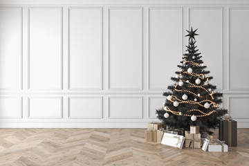 Fototapeta premium Black christmas tree in classic room, blank white wall, gifts. 3d render illustration mockup.