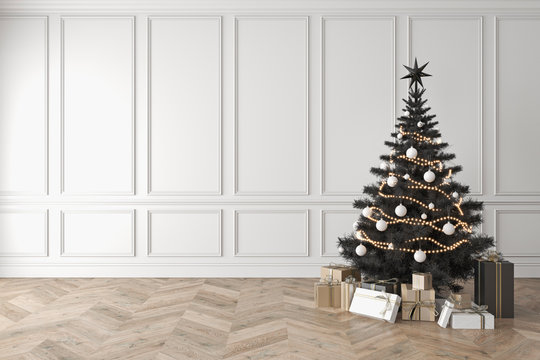 Black christmas tree in classic room, blank white wall, gifts. 3d render illustration mockup.