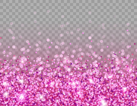 Pink glitter texture and white glowing lights effect with confetti. Vector star sparks isolated on purple magic transparent background for sparkles greeting card design.