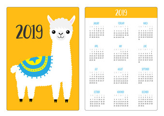 Alpaca llama standing. Simple pocket calendar layout 2019 new year. Week starts Sunday. Vertical orientation. Cute cartoon kawaii funny baby character. Flat design. Yellow background.