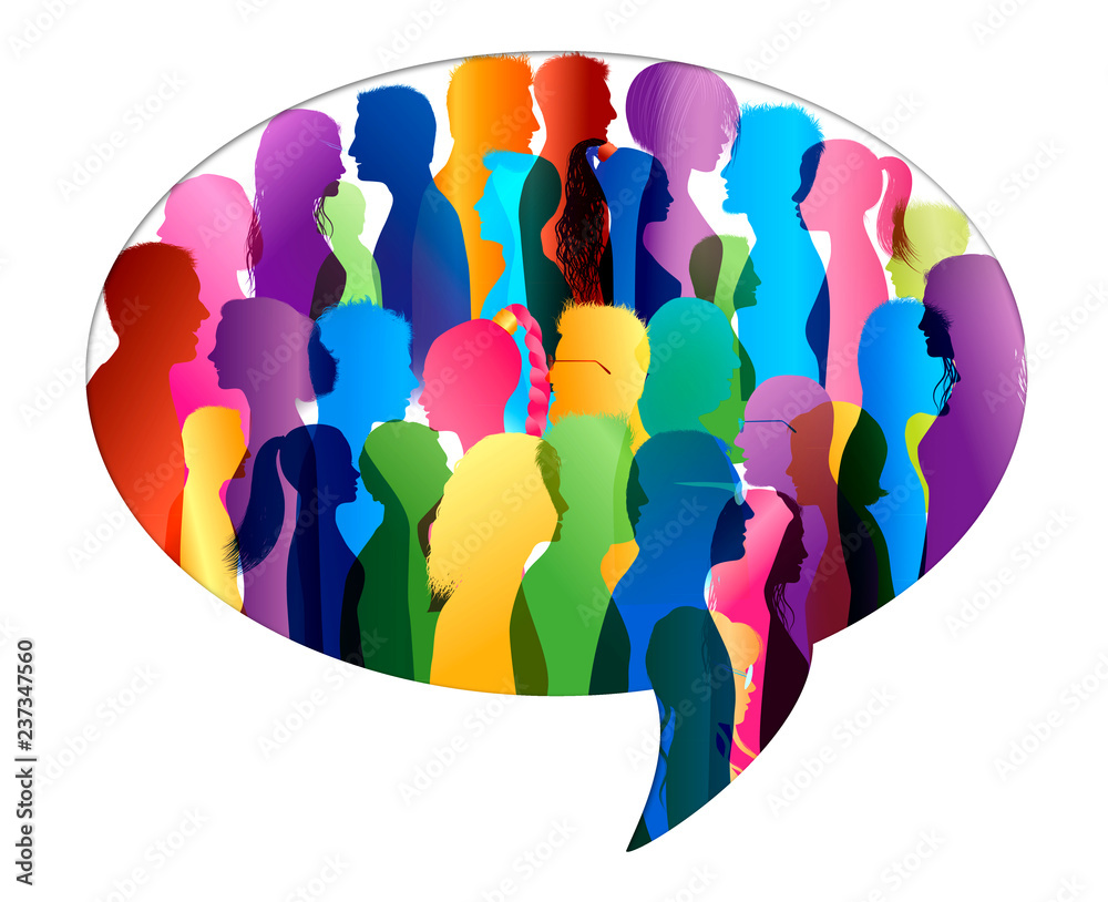 Sticker Crowd talking. Group of people talking. Communication. Speech bubble. Colored silhouette people profile