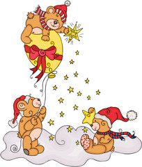 Christmas teddy bears playing with little stars