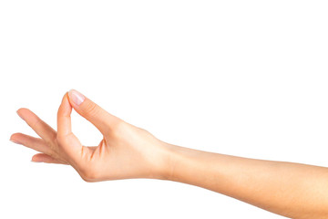 Woman hand holding something with two fingers