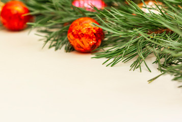 Christmas composition with retro decoration on white wooden background with copy space for your text